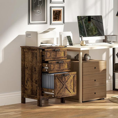 HOMCOM 3 Drawer File Cabinet with Silent Slides, Vertical Filing Cabinet for Hanging A4/Letter Size, Rustic Farmhouse Printer Stand with Storage for Home Office, Rustic Brown
