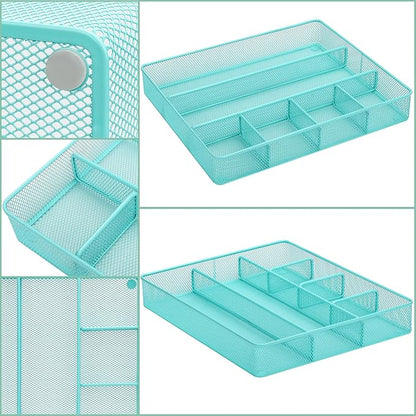 Annova Desk Top Organizer Tray for Office Organization - Metal Mesh - Storage Tray with Dividers for Pens, Desktop Accessories, Bathroom, Kitchen, Makeup and Office Supplies (Large, Turquoise)