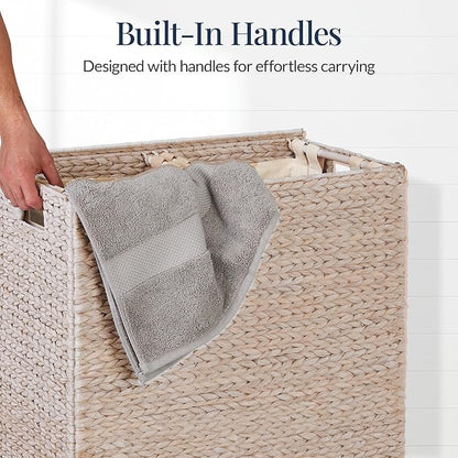 Best Choice Products Large Double Laundry Hamper with Lid, Natural Handwoven Water Hyacinth, 2 Sections w/ 2 Machine Washable Linen Liner Bags, Portable, Handles - Whitewash