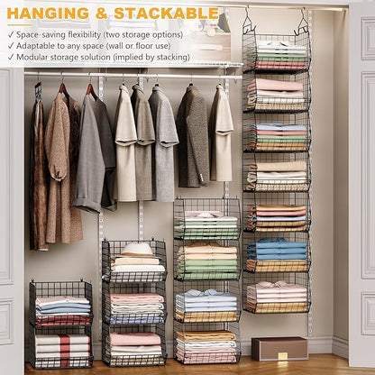X-cosrack 7 Tier Foldable Hanging Closet Organizer and Storage,Wire Closet Shelving with 4 Large Hooks+ 5 S Hooks,Hanging Basket for Clothes Sweaters Shoes Handbags,Small Closet Organizers