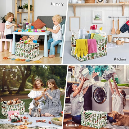 Cactus Large Collapsible Storage Baskets for Organizing Shelves with Handles, Decorative Storage Cube Bin for Organizing Clothes Toy Nursery