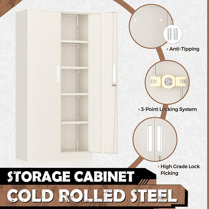 INTERGREAT Metal Lockable Storage Cabinet, 72” Storage Cabinet with 2 Doors and 4 Adjustable Shelves for Office, Home, Garage, Pantry (Assembly Required, Gray)