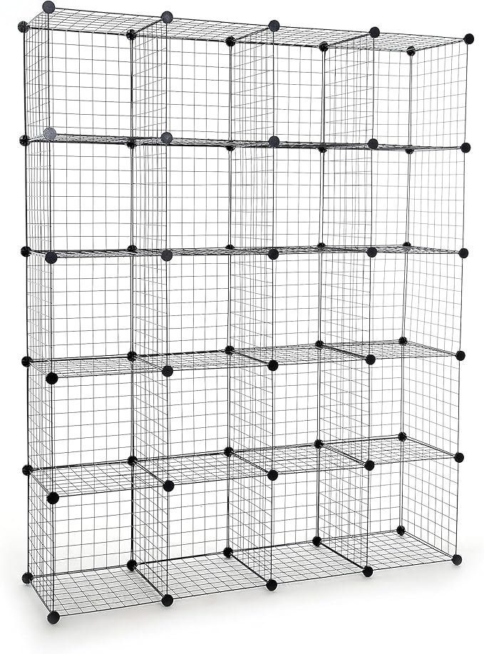 UNICOO - 14 * 14 inch Big Cube Multi Use DIY 20 Cube Wire Grid Organizer, Wardrobe Organizer, Bookcase, Storage - Black Wire