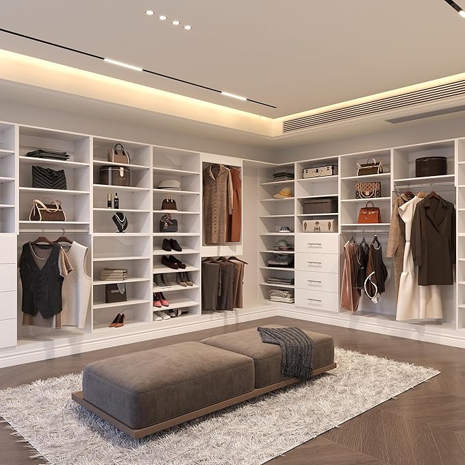 Modular Closet System, 78" Wide Organizer With Hanging Shelving, Wood Tower Storage for Walk-In Closets, Wall Mounted Wardrobe Kit, Bedroom, White