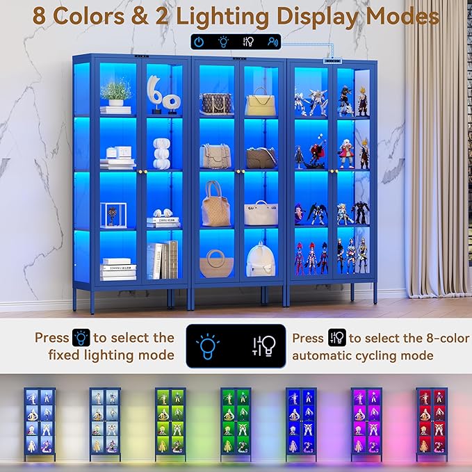 Glass Display Cabinet with Glass Doors, Metal Curio Cabinet with 8-Color LED Lights, 66 Inch Tall Display Case for Collectibles, Blue Storage Cabinet for Living Room, Assembly Required