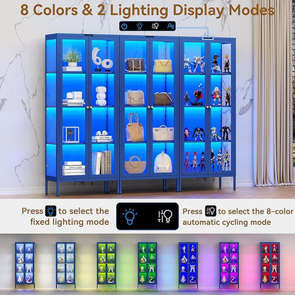Glass Display Cabinet with Glass Doors, Metal Curio Cabinet with 8-Color LED Lights, 66 Inch Tall Display Case for Collectibles, Blue Storage Cabinet for Living Room, Assembly Required