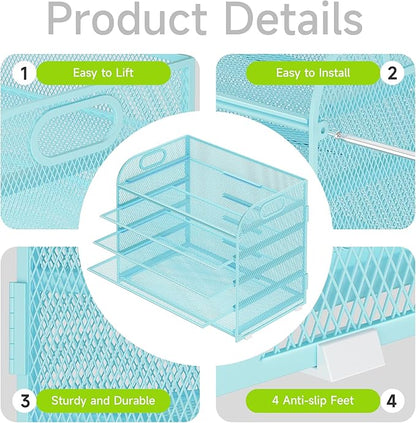 5 Tier Paper Organizer with Handle, Blue Metal Mesh Desk Organizer File Folder Paper Letter Tray Desktop Document Sorter for Classroom, School, Office Accessories Organization and Storage