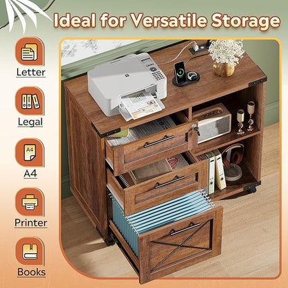 DEVAISE Wood File Cabinet with Charging Station, Mobile Lateral Filing Cabinet with Lock for Home Office, Printer Stand with Open Storage Shelves, Oak