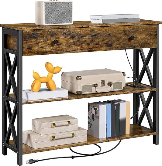 Yaheetech Console Table with 2 Outlets and 2 USB Ports, Industrial Entryway Table with Drawer and Storage Shelves, Narrow Sofa Tables with Metal Frame for Living Room, Hallway, Rustic Brown