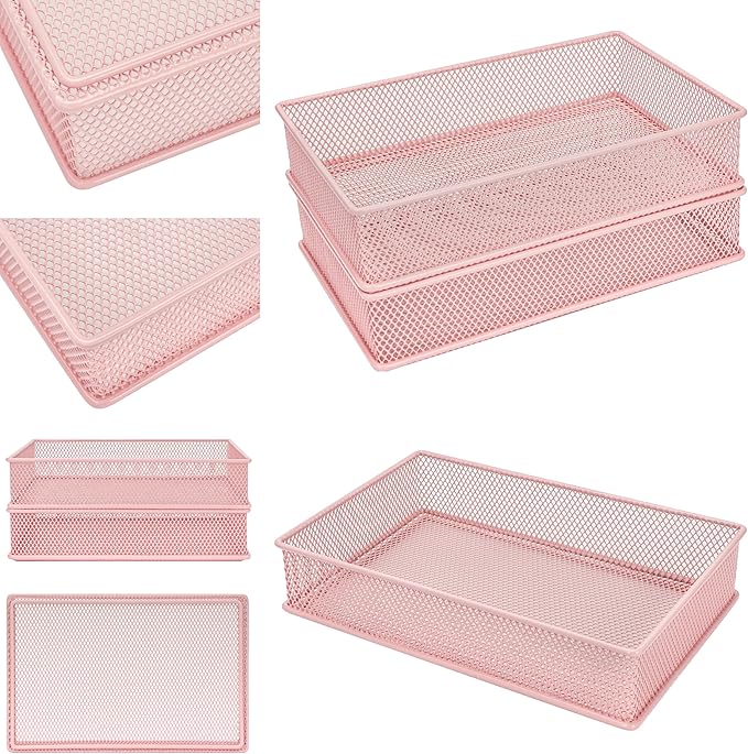 Annova Mesh Stackable Drawer Cabinet and Shelf Organizer Bins Storage Basket School Office Supply Holder Tray- Set of 2 (Light Pink, 6x9x2 Inch)