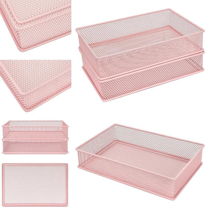 Annova Mesh Stackable Drawer Cabinet and Shelf Organizer Bins Storage Basket School Office Supply Holder Tray- Set of 2 (Light Pink, 6x9x2 Inch)