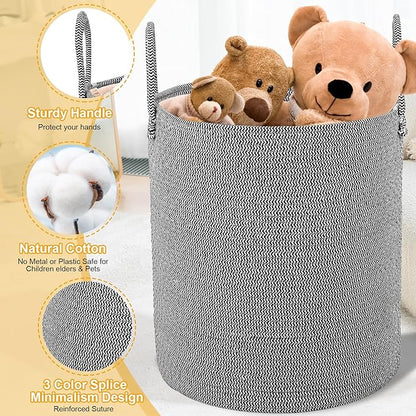 Large Woven Laundry Basket Hamper,60L Cotton Rope Storage Baskets for Blankets in living room,Decor Tall Laundry Bin for Toys Storage,Clothes Basket,Baby Basket,White and Blue