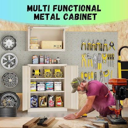 Bonusall Metal Garage Storage Cabinet, 36" H Locking Cabinets with 2 Adjustable Shelves,2 Door Small Pantry Storage for Home Office, Kitchen, Bathroom(Grey)
