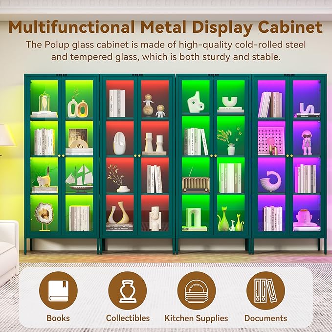 Glass Display Cabinet with Glass Doors, Metal Curio Cabinet with 8-Color LED Lights, 66 Inch Tall Display Case for Collectibles, Green Storage Cabinet for Living Room, Assembly Required