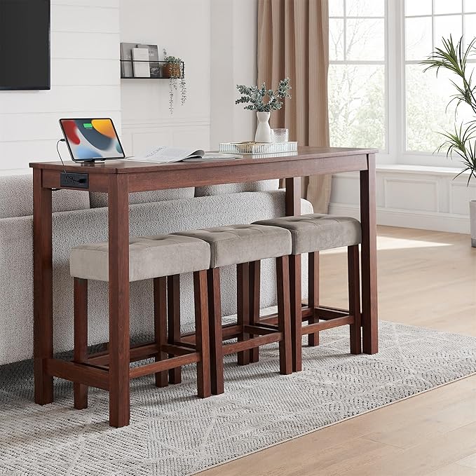 59" Power Outlet Mid Century Console Table, Slim Console Table with Solid Wood Frame, Long Narrow Console Tables for Living Room & Kitchen, Cherry