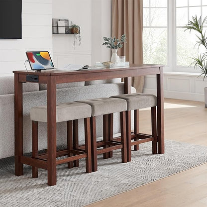 59" Power Outlet Mid Century Console Table, Slim Console Table with Solid Wood Frame, Long Narrow Console Tables for Living Room & Kitchen, Cherry