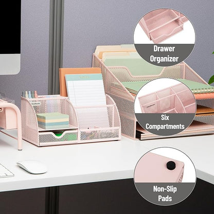 Mind Reader 7-Compartment Desktop Organizer, File & Accessory Storage, Metal Mesh Office Organizer for Desk, Workspace, Mail, Pink