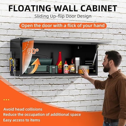 Metal Garage Wall Cabinet, Floating Garage Tool Cabinets with Up-Flip Door,13.8''H Hanging Wall Mounted Storage Cabinet for Garage, Warehouse, Kitchen, Bathroom, Workshop, RV, Gray