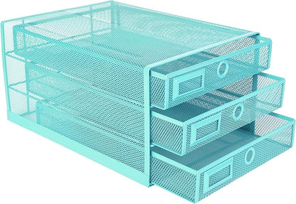 Annova Desk Organizer Wire Mesh 3 Tier Sliding Drawers Paper Sorter/Multifunctional/Premium Solid Construction for Letters, Documents, Mail, Files, Paper, Kids' Art Supplies (Turquoise)
