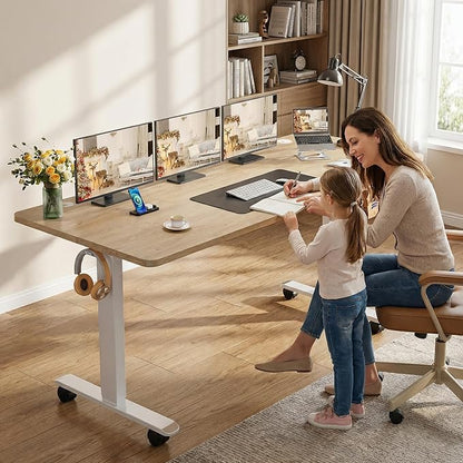 farexon Electric Standing Desk 63 x 24In with Outlets, Adjustable Height Stand up Desk with Large Mouse Pad, Double Hooks and 4 Wheels, 27''-46'' Lifting Range, Easy to Set for Home/Office(Oak)