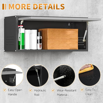 Metal Garage Wall Cabinet with Up-Flip Door,Wall-Mounted Steel Storage Cabinet, Float Tool Cabinet with Pegboard,Upper Cabinet for Kitchen,Garage,Workshop,Warehouse(13.8" H,Black&Gray)