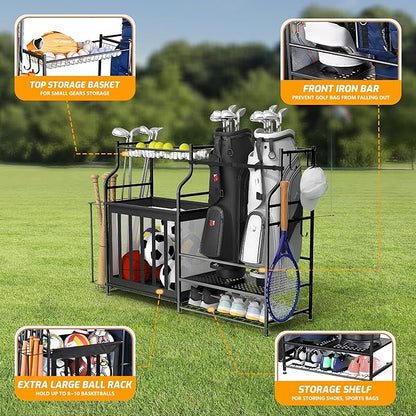 PLKOW Sports Equipment Organizer Rack, Garage Ball Rack, 2 Golf Bag Storage and Sports Gear Organizer for Garage