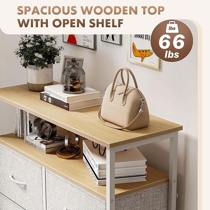DUMOS Fabric Dresser for Bedroom with 8 Drawers, Tall 8-Drawer Chest of Drawers with Raised Shelf, Storage Tower with Fabric Bins for Closet Organization, Hallway Storage, Light Grey