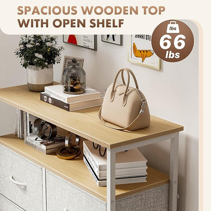 DUMOS Fabric Dresser for Bedroom with 8 Drawers, Tall 8-Drawer Chest of Drawers with Raised Shelf, Storage Tower with Fabric Bins for Closet Organization, Hallway Storage, Light Grey
