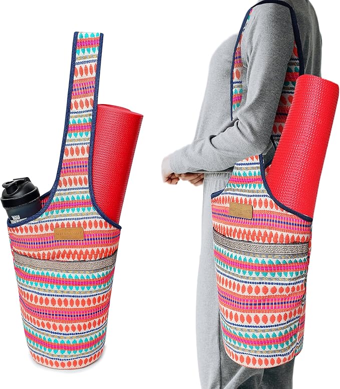 ALLEN & MATE 100% Cotton Yoga Mat Bag for Women and Men, Large Pocket with Zipper Storage, Shoulder Strap Carrier for Yoga and Pilates Mats