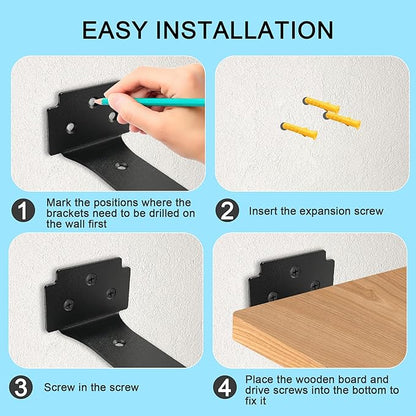 Floating Shelf Brackets,6 Pack Heavy Duty L Brackets for Shelves, 8 Inch Black Stainless Steel Countertop Support Brackets,Wall Mounting for Wood