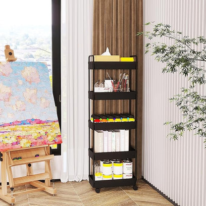 Buzowruil Rolling Storage Cart 5 Tier Organizer Mobile Shelving Unit Storage Rolling Utility Cart with Wheels for Kitchen Bathroom Laundry,Black