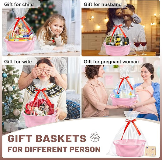 Small Woven Pink Gifts Basket for Storage Empty with Ribbons and Bags Durable Cute Gifts 12"X 8" X 5" Small Rope Basket for Gifting
