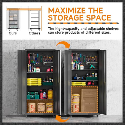 Garage Storage Cabinet with Wheels, Metal Storage Cabinet with 2 Doors and Adjustable 4 Shelves for Garage, Basement, Warehouse, Office, Black, Assembly Required