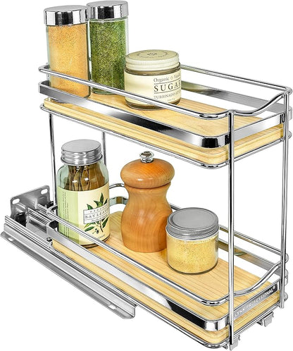 LYNK PROFESSIONAL® Élite™ Pull Out Spice Rack Organizer for Inside Kitchen Cabinets - 4-3/8 inch Wide - Slide Out Drawer – Wood/Chrome Sliding Spice Organization for cabinet - Spice Racks - 2 Tier