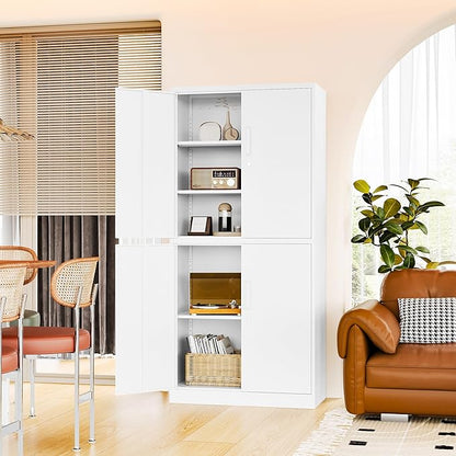 71” Metal Storage Lockable Heavy Duty File Cabinet Garage Tool Cabinets with Doors and Shelves-Tall White Steel Cabinet for Garage for Office, Gym, School