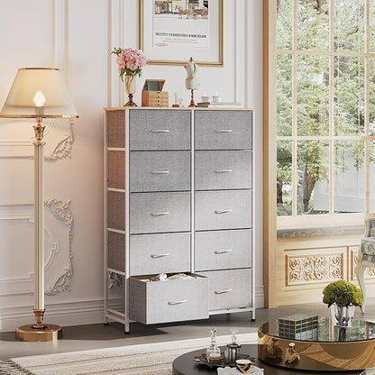 WLIVE Tall Dresser for Bedroom with 10 Drawers, Chest of Drawers, Dressers Bedroom Furniture, Grey Dresser with Fabric Bins for Closet, Hallway, Living Room, Entryway, Light Grey