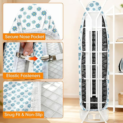 Ironing Board Cover and Pad, 15x54 Standard Size Thick Iron Padding, Scorch & Stain Resistant Ironing Board Cover, Heavy Duty Iron Board Padded with Adjustable Fasteners Durable Elastic Edge, Daisy