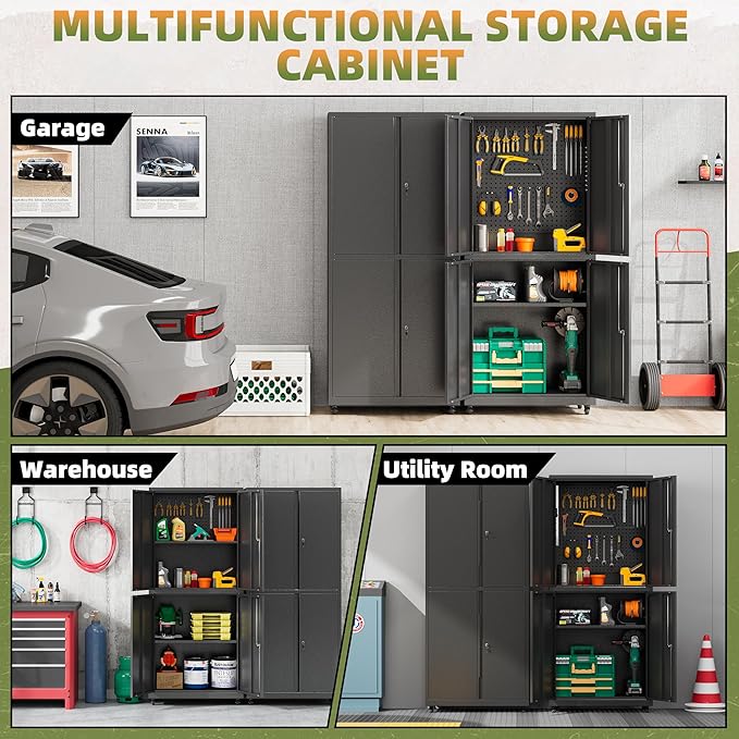 Garage Storage Cabinet with Wheels, Lockable Metal Storage Cabinet, 71''H Heavy Duty Garage Cabinet with Pegboard & 4 Doors for Utility Room Warehouse Home Office