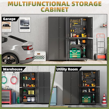 Garage Storage Cabinet with Wheels, Lockable Metal Storage Cabinet, 71''H Heavy Duty Garage Cabinet with Pegboard & 4 Doors for Utility Room Warehouse Home Office