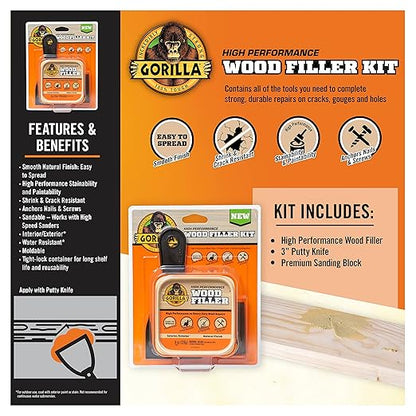 Gorilla All Purpose Wood Filler Wood Repair Kit with Putty Knife and Sanding Block