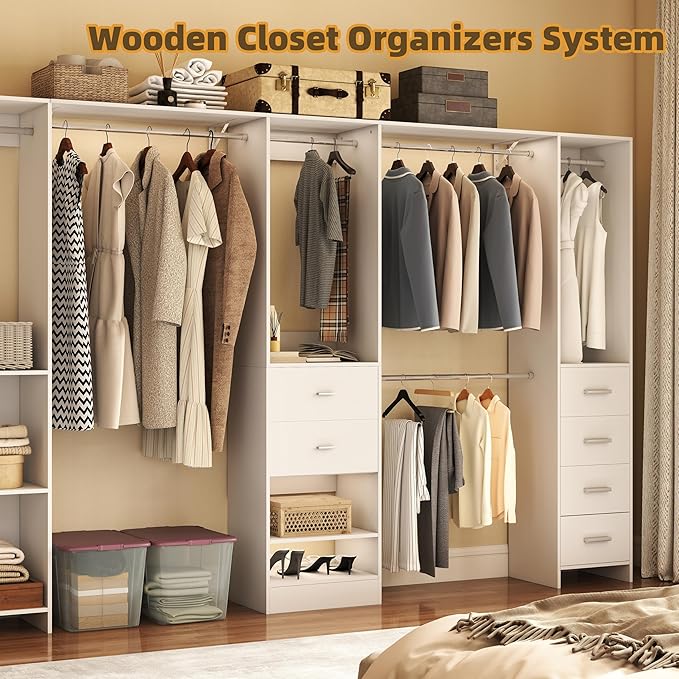 Closet System, 4Ft-9Ft Closet Organizer System With 2 Wooden Drawers, Walk-In Closet Storage System With 5 Expandable Hanging Rods, Adjustable Cloth Garment Rack from 4 to 9FT, White