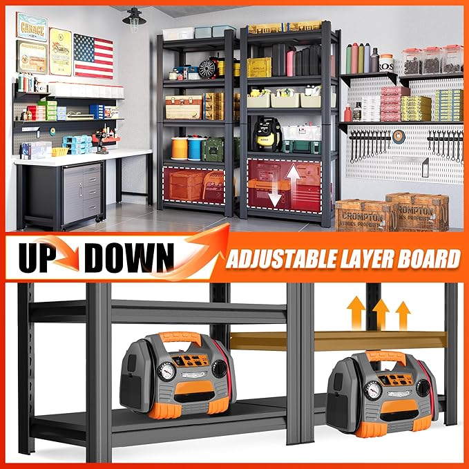24"W Metal Garage Shelving Unit, Heavy Duty Adjustable Storage Rack, Steel Shelving, Industrial Shelves for Heavy Tools and Equipment, Ideal for Garage, Basement, Black (5-Tier 63"Hx23.6"Wx13.8"D)