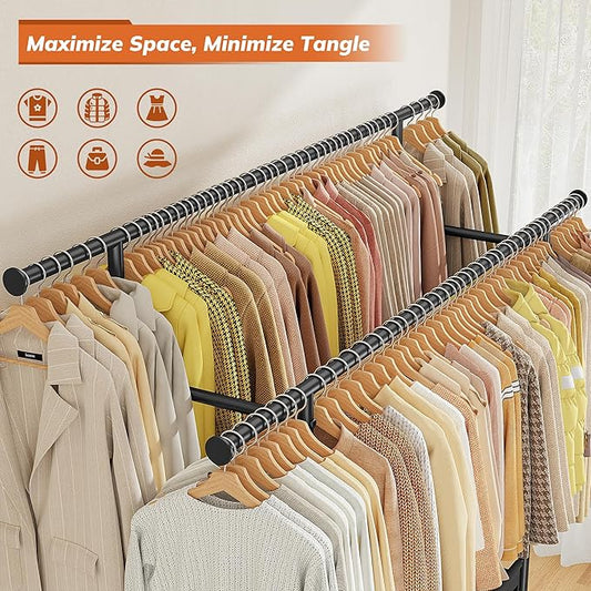 Clothes Rack, Double rods clothing rack, Clothing Racks for hanging clothes, Rolling clothes rack with Storage Basket & Heavy Duty Wheels, garment rack for Bedroom, Laundry Room, Black