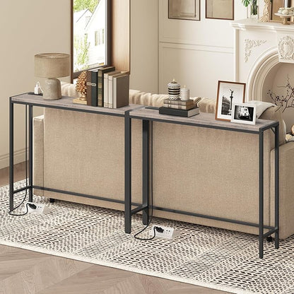 Console Table, 2 Pack Narrow Sofa Table, 43.3” Entrance Table with Power Station, Behind Couch Table, for Living Room, Hallway, Entryway, Foyer, Greige and Black CTHG112E01S2