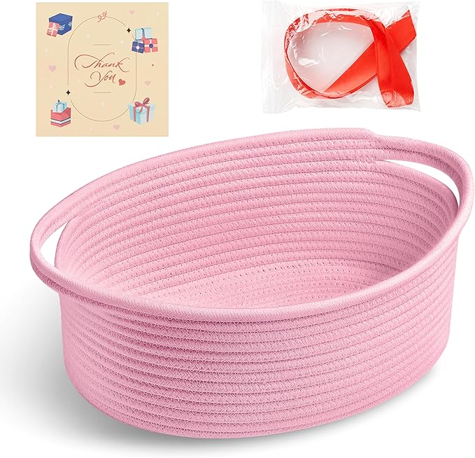 Small Woven Pink Gifts Basket for Storage Empty with Ribbons and Bags Durable Cute Gifts 12"X 8" X 5" Small Rope Basket for Gifting