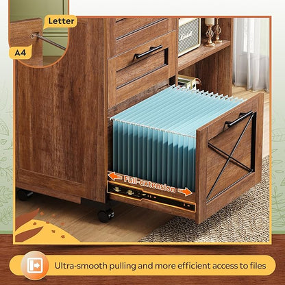 DEVAISE Wood File Cabinet with Charging Station, Mobile Lateral Filing Cabinet with Lock for Home Office, Printer Stand with Open Storage Shelves, Oak