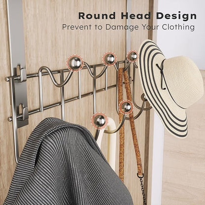 Consumest Over The Door Hooks Organizer - Extra Long Door Hanger with 9 Coat Hooks & 2 Mesh Basket, Back Storage Organizer Hanging Towels for Bathroom, Bedroom, Sand Nickel (for 1.76 in Doors)