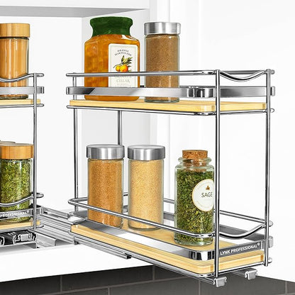 LYNK PROFESSIONAL® Élite™ Pull Out Spice Rack Organizer for Inside Kitchen Cabinets - 4-3/8 inch Wide - Slide Out Drawer – Wood/Chrome Sliding Spice Organization for cabinet - Spice Racks - 2 Tier
