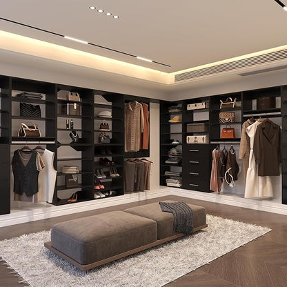 Medium Double Hanging Closet Unit, Modular Closet System, Wood Closet System Organizer with Storage for Walk In Closets, Clothing Rack Closet for Hanging Clothes, Bedroom, Black, 22.5"W