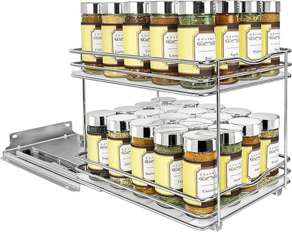 LYNK PROFESSIONAL® Pull Out Spice Rack Organizer for Inside Kitchen Cabinets - 8-3/8 inch Wide - Slide Out Drawer – Chrome Sliding Spice Organization for cabinet - Spice Racks - 2 Tier